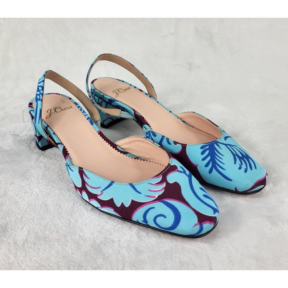 J.Crew Floral Slingback Heels Blue Purple Fabric Pumps Pointed Toe | 5.5 - Picture 13 of 15